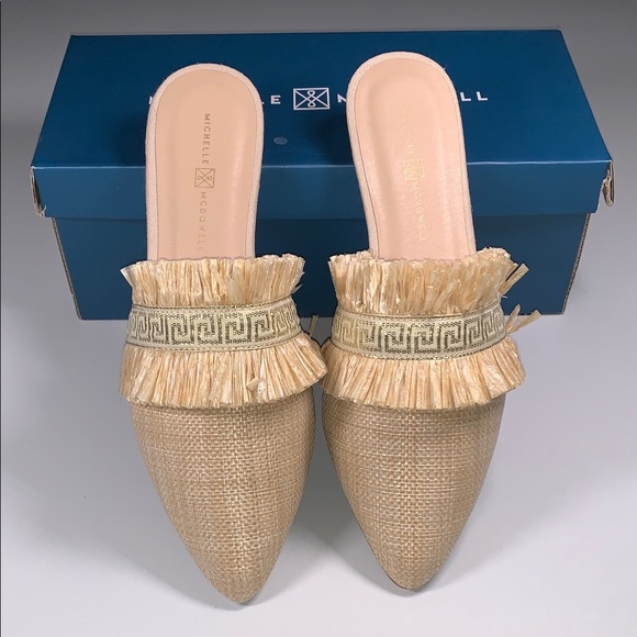 Michelle McDowell Carmen Natural Tan Woven Raffia Gold Mules Slip On Fringe 8 - Picture 2 of 11